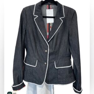 Neva Blazer Jacket Dark Blue Denim White Raw Edge Trim EUC 2 functional pockets